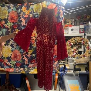 Red Off Shoulder Flared Arm Dress